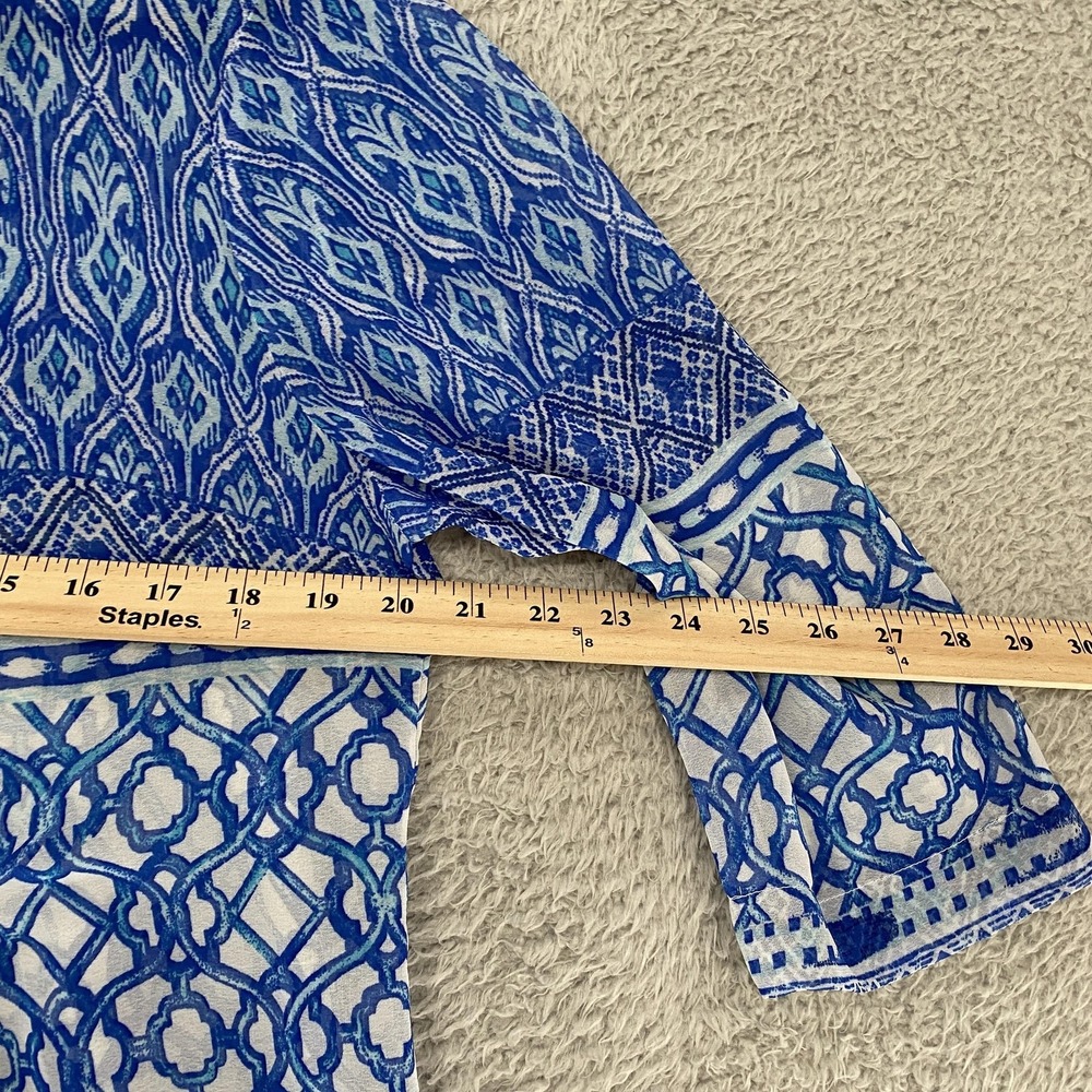 Chicos Beaded Tunic Top Womens 1/M Blue Geometric Sheer Embellished 3/4 Sleeve - Picture 8 of 16